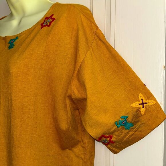 Vintage 80s/90s French Navy Gold/Orange Embroidered Neck & Sleeves Top - Picture 4 of 10